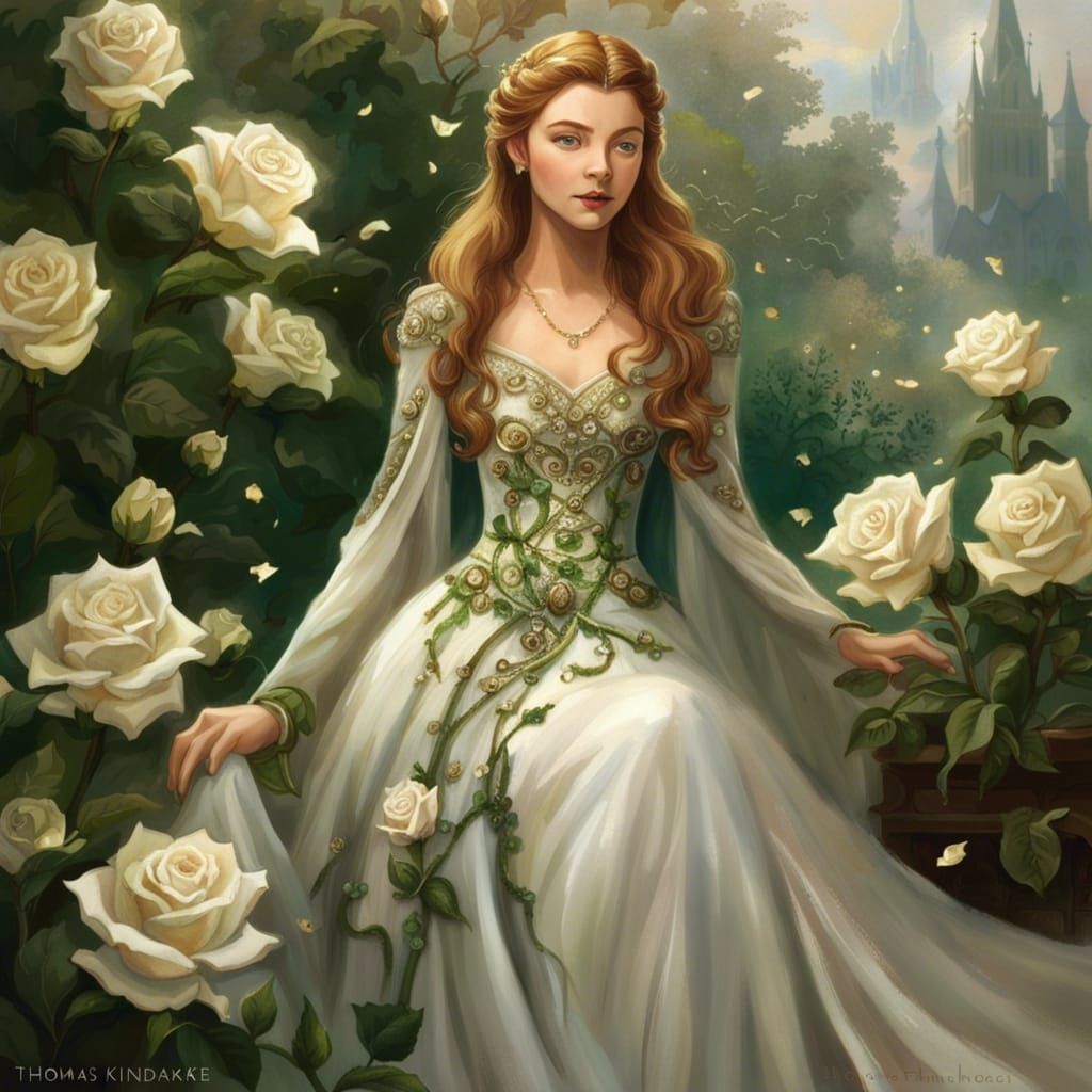 Margaery Tyrell in a long, filmy white flowing gown, accented with green and embroidered with white roses. The bodice em...