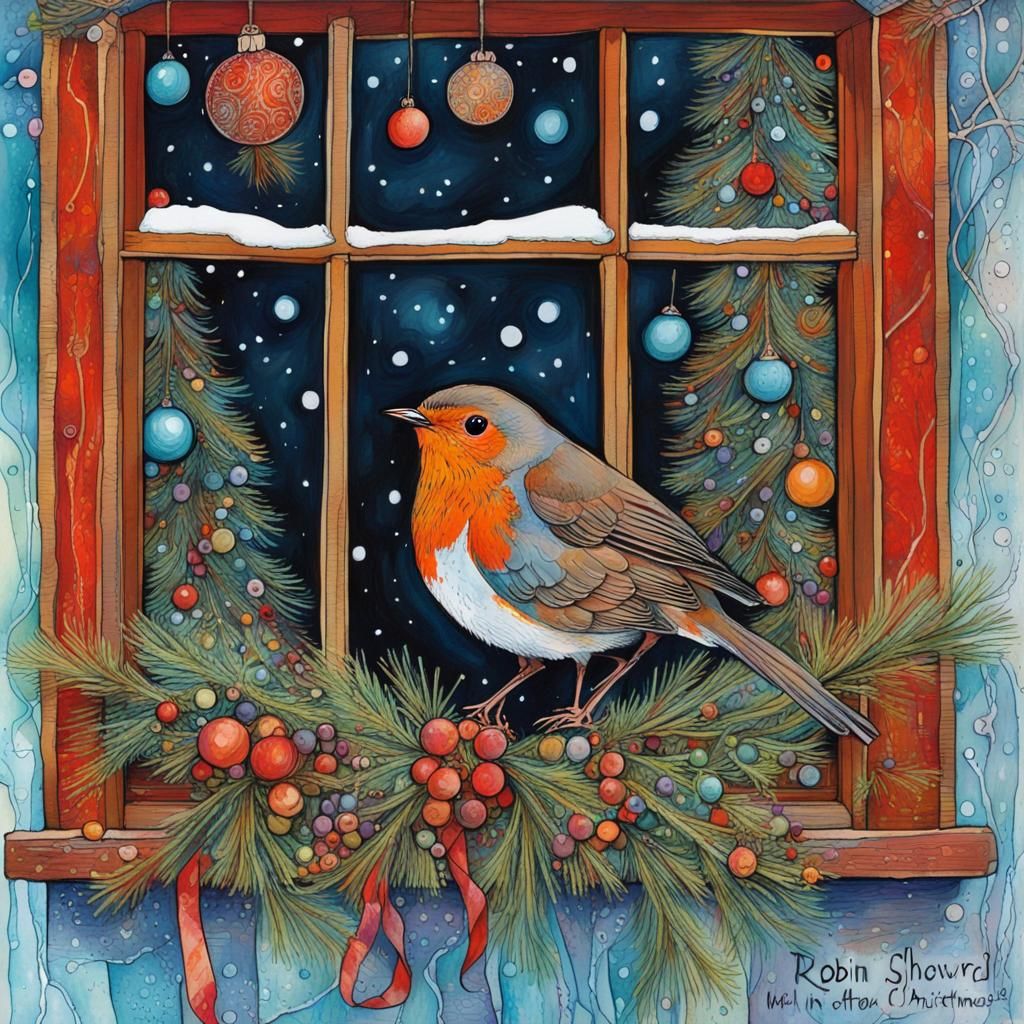 Robin in Christmas Window: Art Brut Illustration
