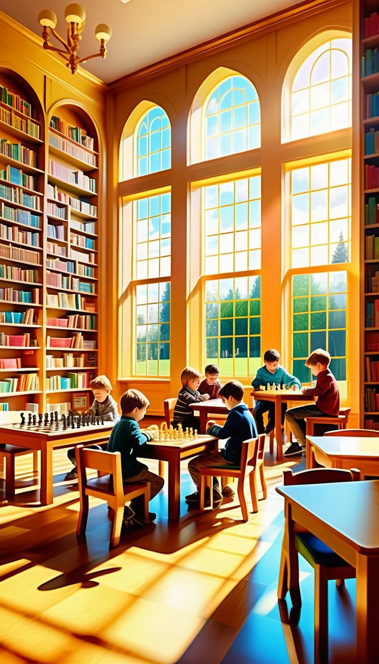 Children Play Chess in Bright Library: Digital Art