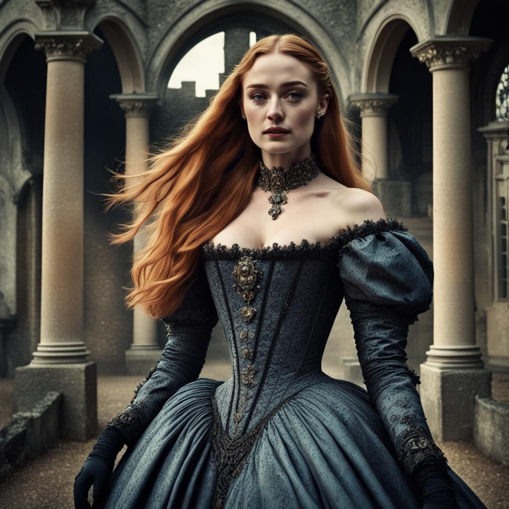 Sophie Turner in Baroque Gown at Gothic Castle
