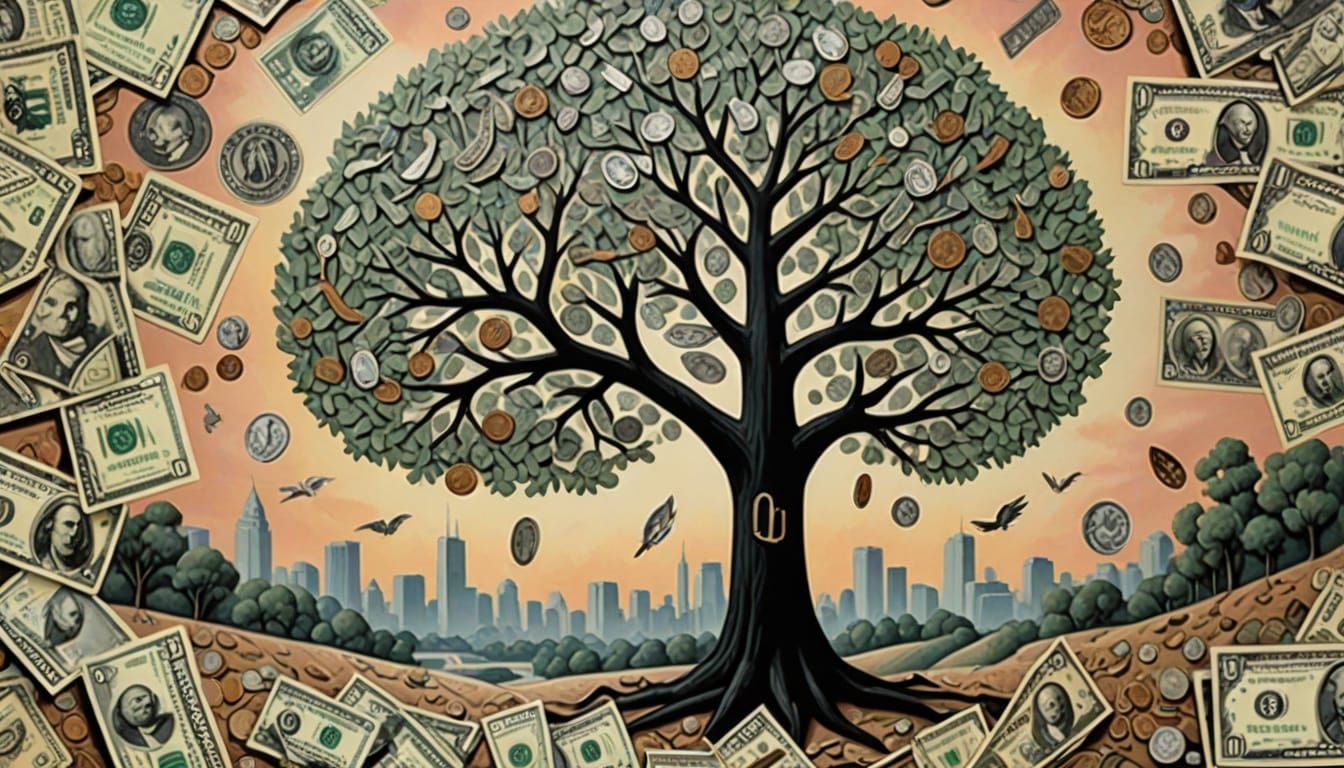Dadaist Tree of Money with Ominous Symbols