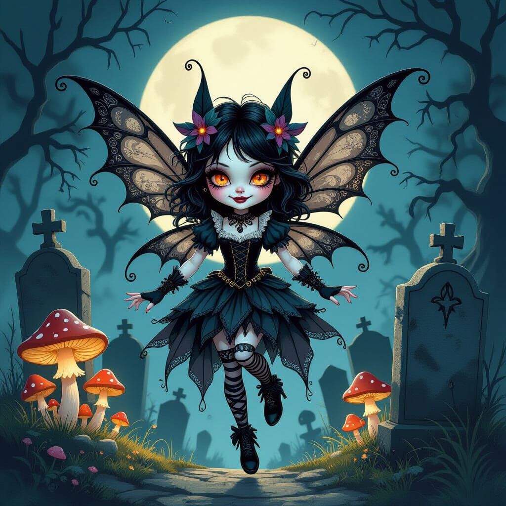 Cute Goth Fairy in Moonlit Graveyard