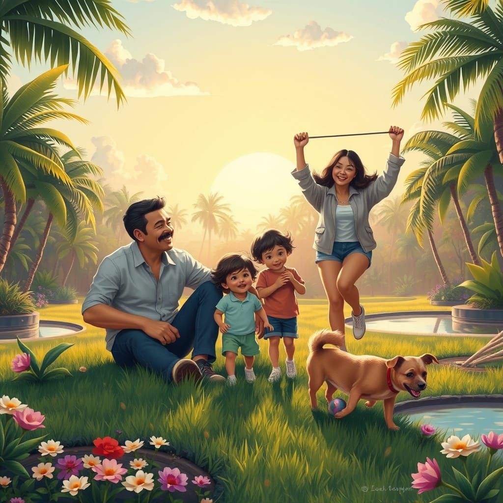 Family Gathering in a Lush Tropical Park