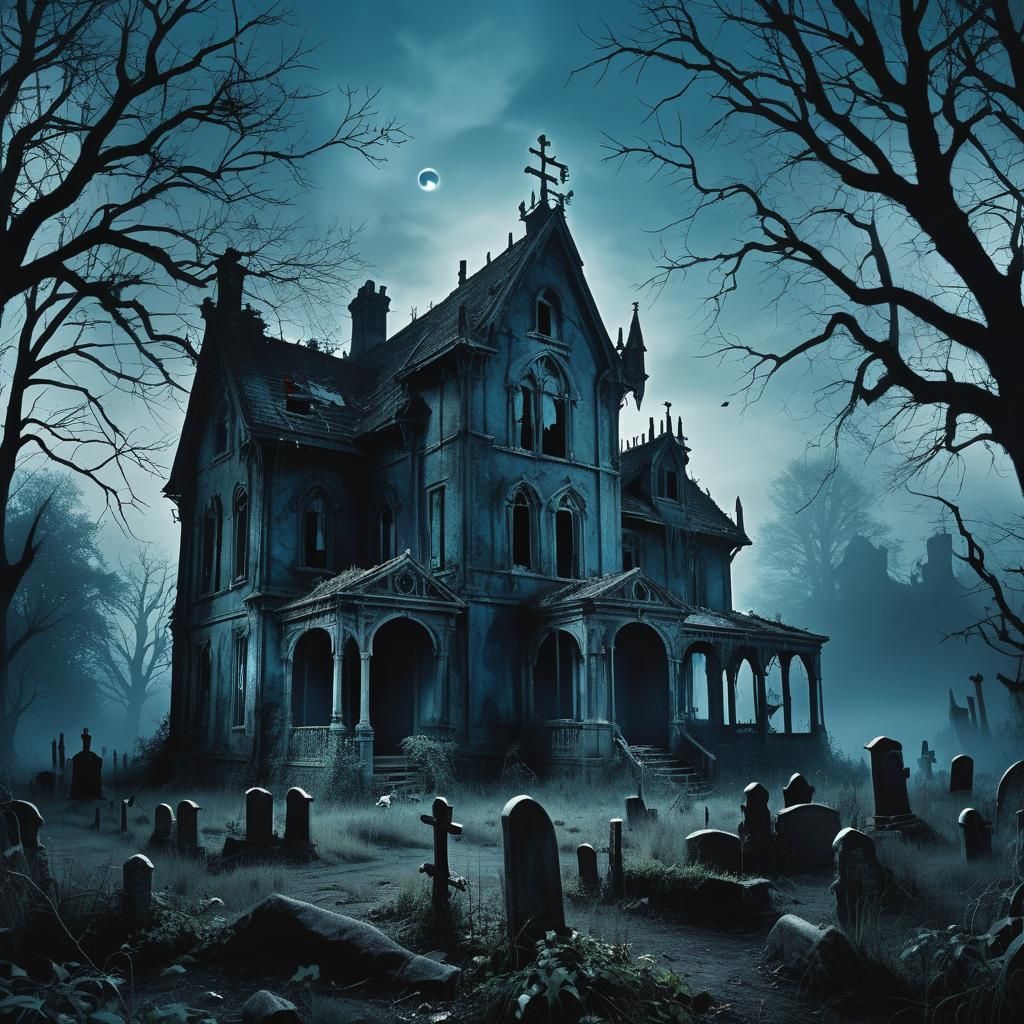 Eerie Gothic House and Graveyard in Moonlight