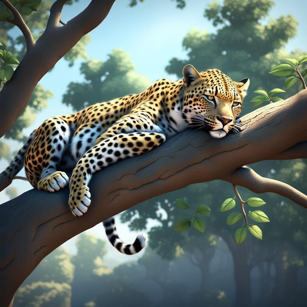 Leopard Napping on Branch in CGI Style