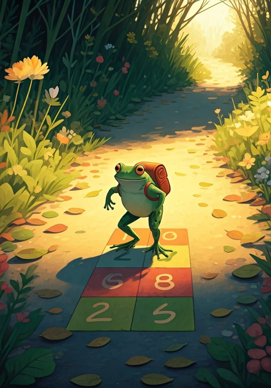 Frog's Hopscotch Game in Whimsical Illustration Style