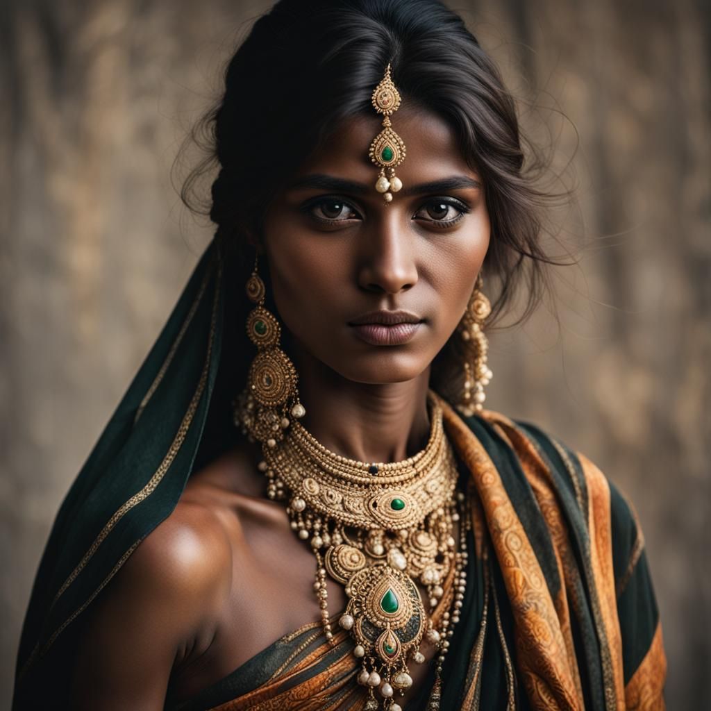 Young Indian Woman in Saree with Traditional Jewelry