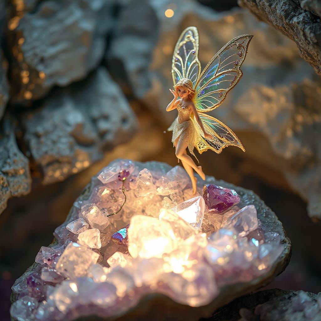 Crystal Fairy on Amethyst Geode in Ethereal Lighting
