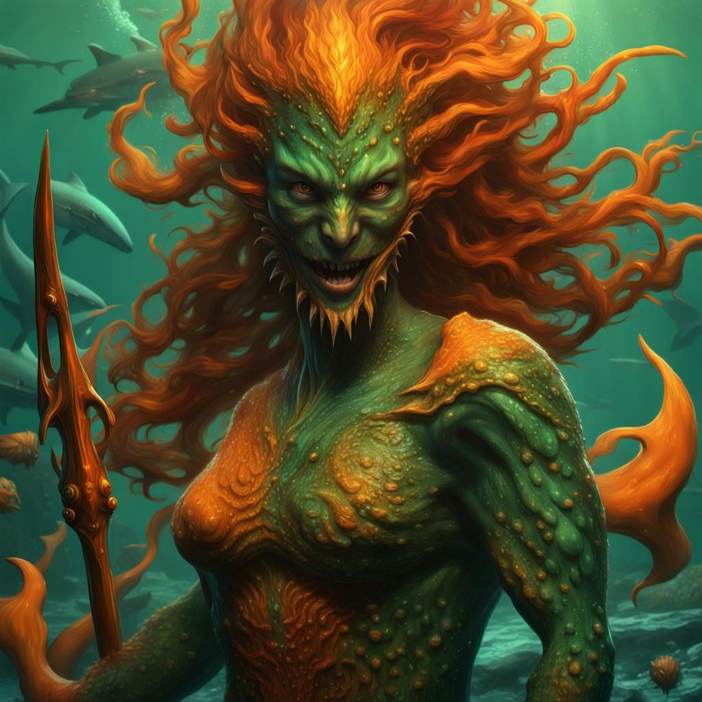 Merfolk Battles Shark Hybrid in Fantasy Art