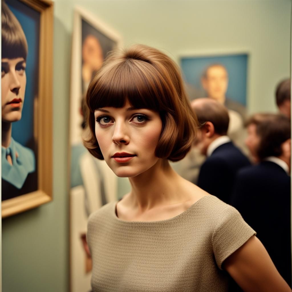 1960s Girl at Art Gallery, Realistic Photo