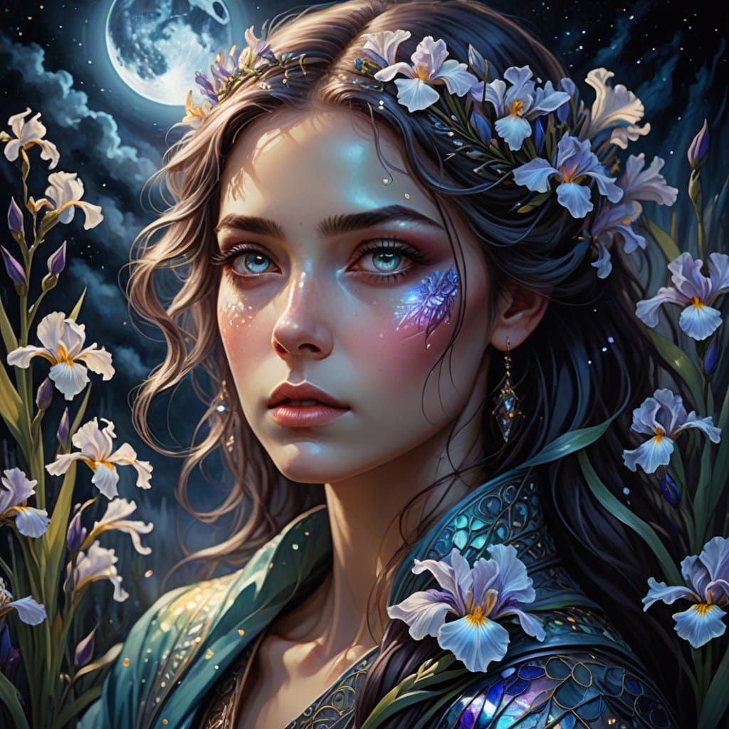 Ethereal Goddess Gazing Upwards in Soft Moonlight