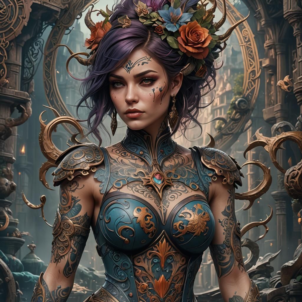 Tattooed Woman: Detailed Fantasy Art