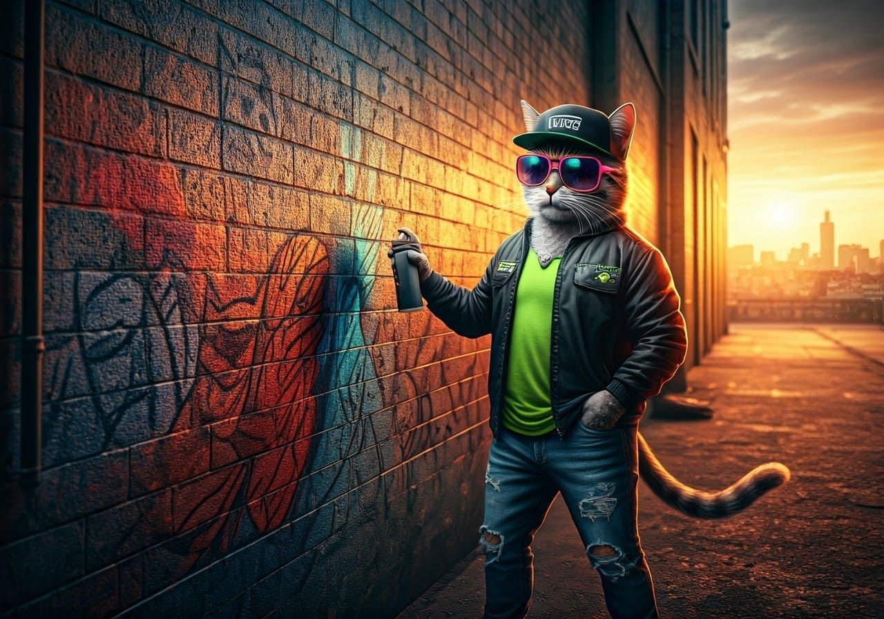 Photorealistic Cat Sprays Graffiti Art in Alleyway