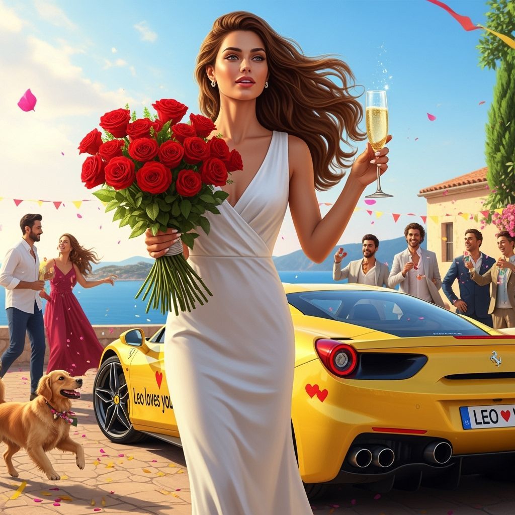Elegant Woman with Roses and Ferrari Under Mediterranean Sun