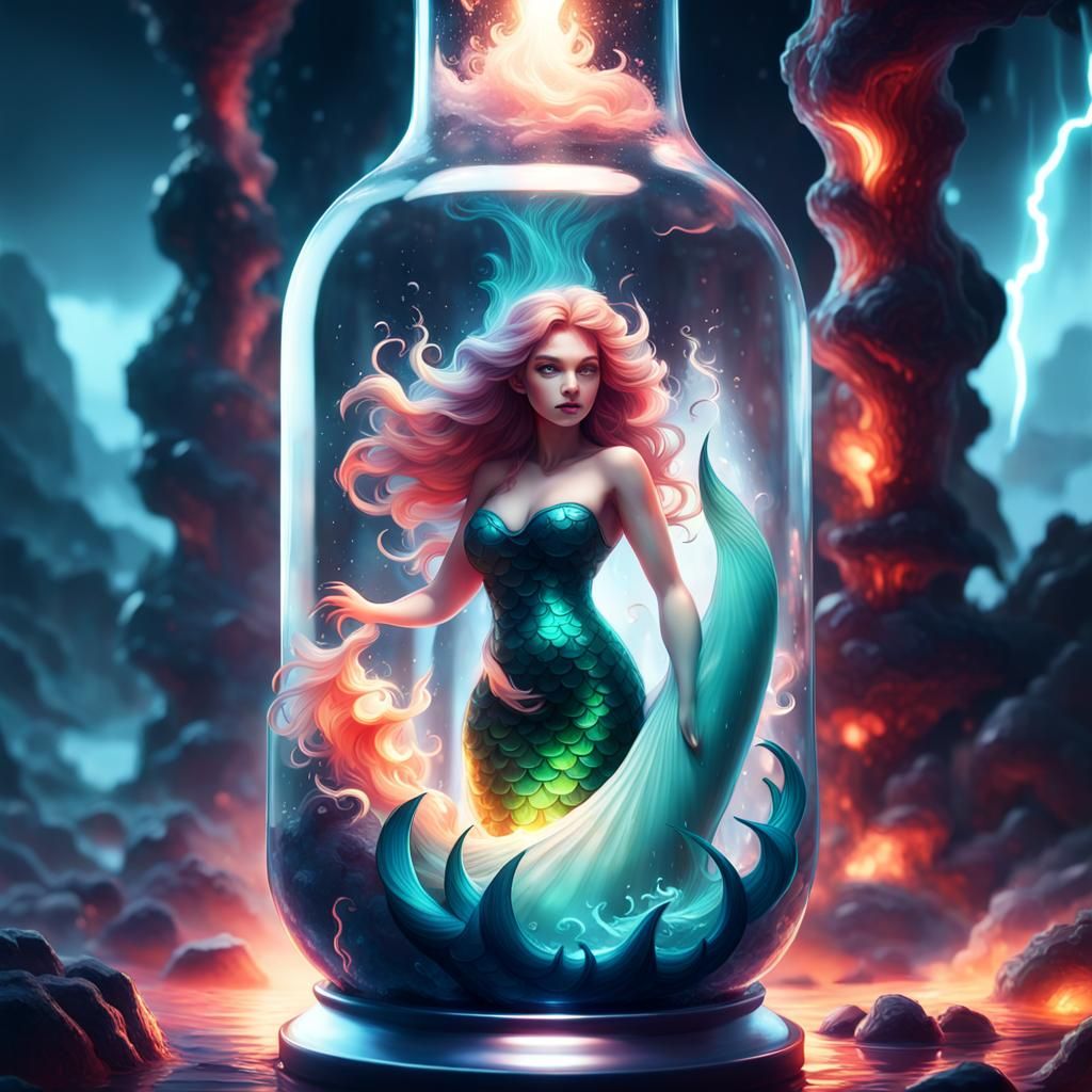 Mermaid in Magma Lava Lamp with Storm, 3D Render