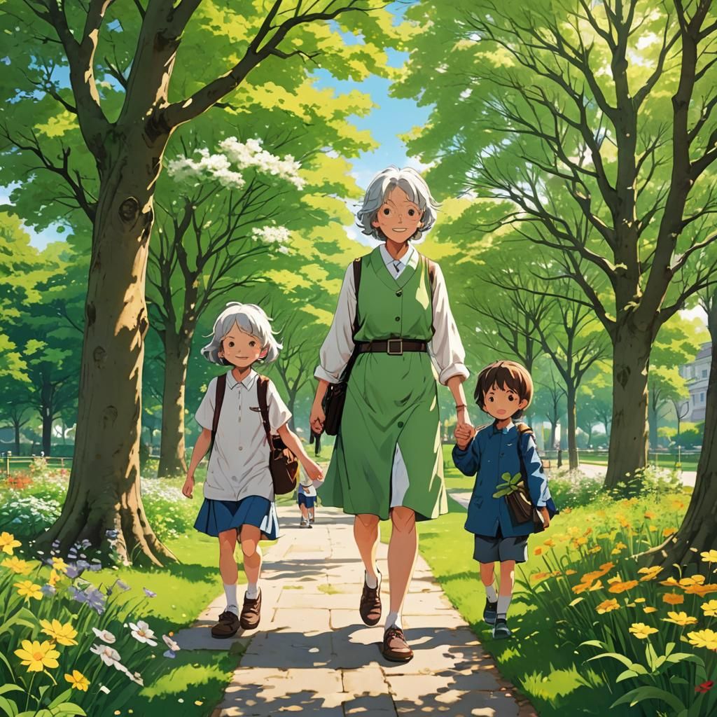 Grandmother Walks Grandchildren in Park, Anime Style