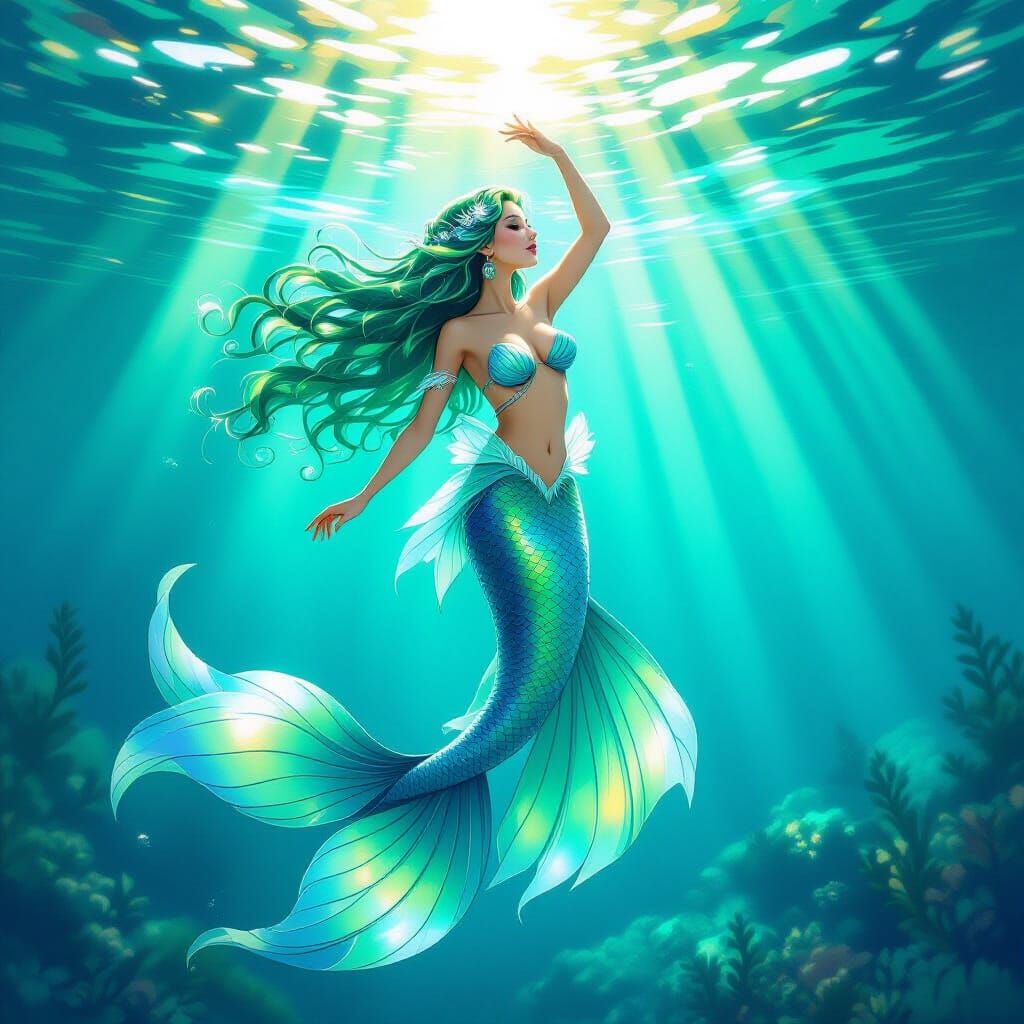 Mermaid Dancing in Turquoise Water, Ethereal Fantasy Art