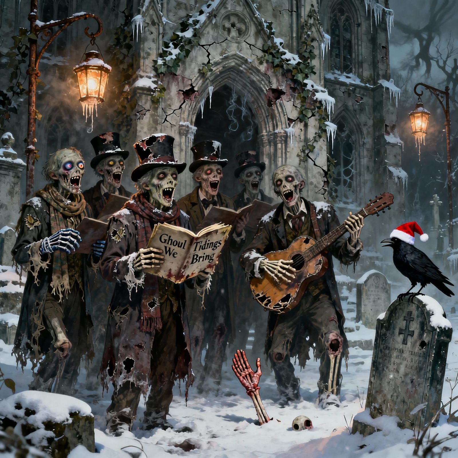 Zombie Carolers Sing at Crumbling Mausoleum