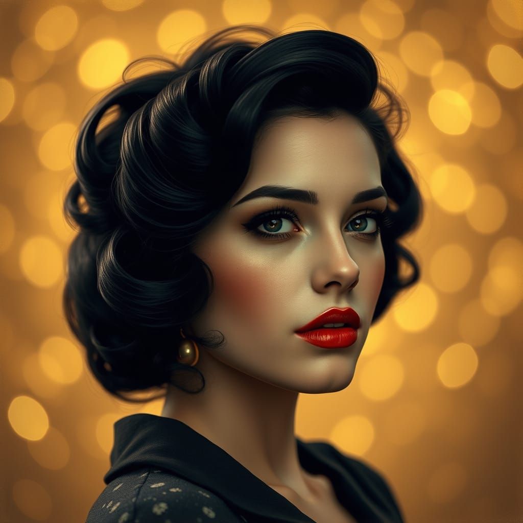 Glamorous Woman in Golden Dreamscape: Hyperrealistic 1940s P...