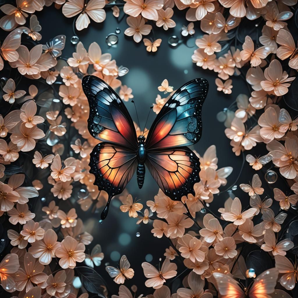 Glass Butterfly with Petal Wings in Digital Art