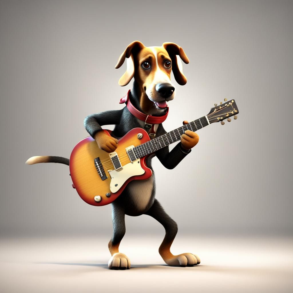 Hound Dog Plays Guitar: 3D Rendered Art