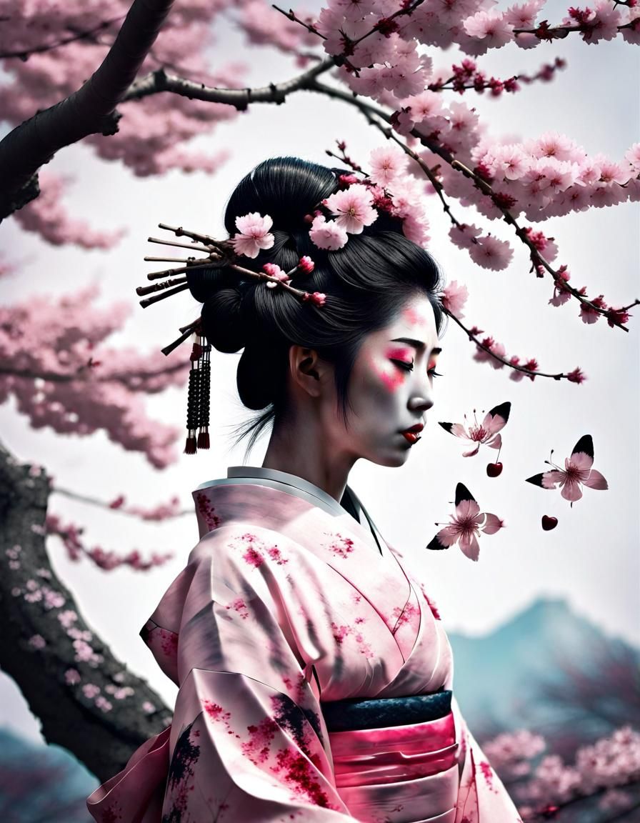 Geisha Silhouette with Cherry Blossoms, Double Exposure