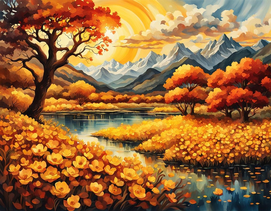 Scenic Lake Landscape Painting with Yellow Flowers