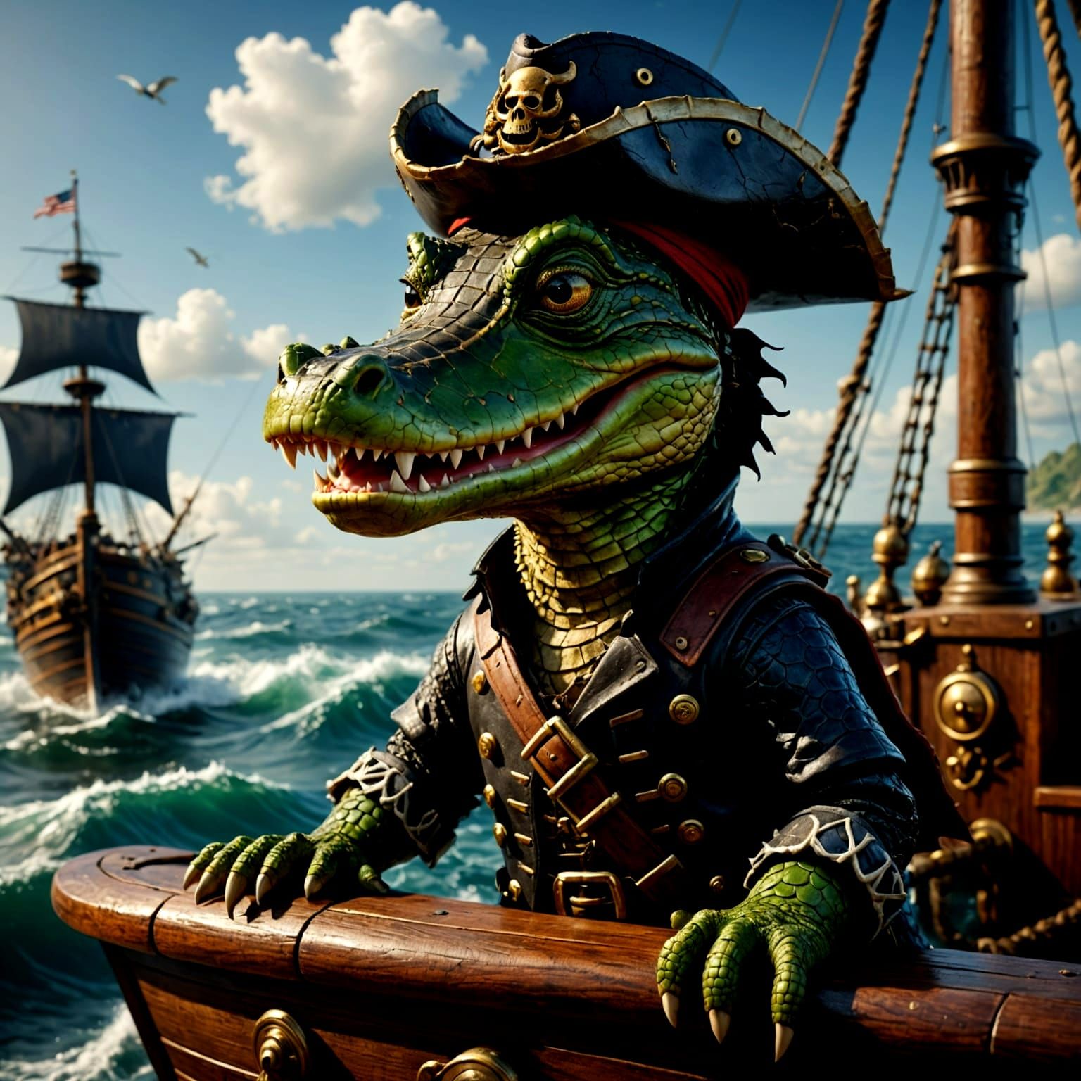 Adorable Alligator Pirate on Corsair Ship in 16k