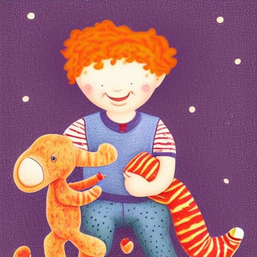 Boy with Elephant, Dreamlike Color Pencil Illustration