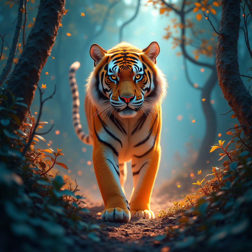 Majestic Gold Tiger in Mystical Forest: 8K Matte Painting