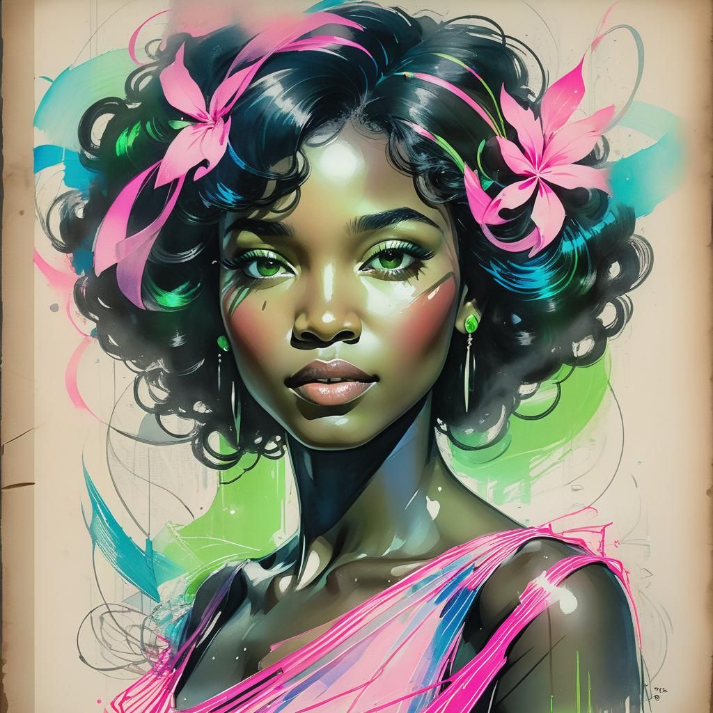 Neon Crayon Portrait of Radiant Woman in Art Deco Style