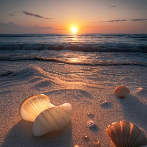 Hyperrealistic Sunset Beach Scene with Shells and Jellyfish