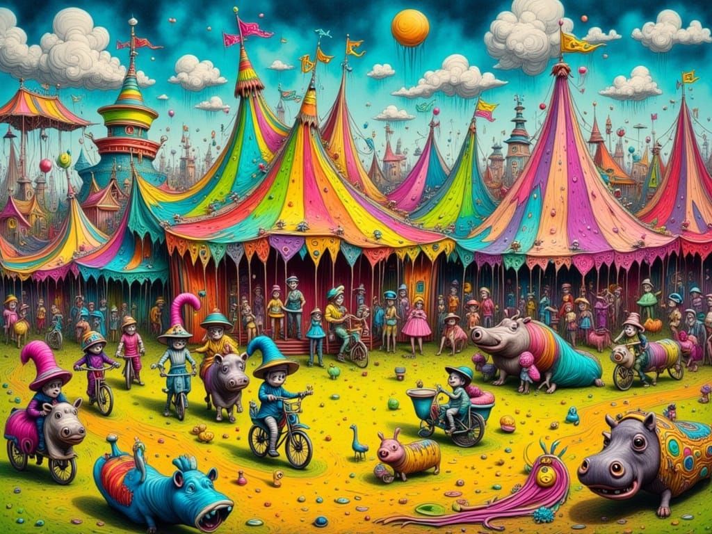 Whimsical Carnival Scene in Surreal Style