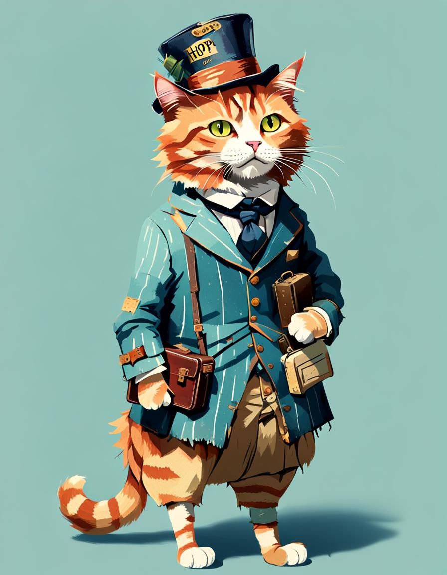Hopeful Ginger Cat in Ragged Suit and Top Hat