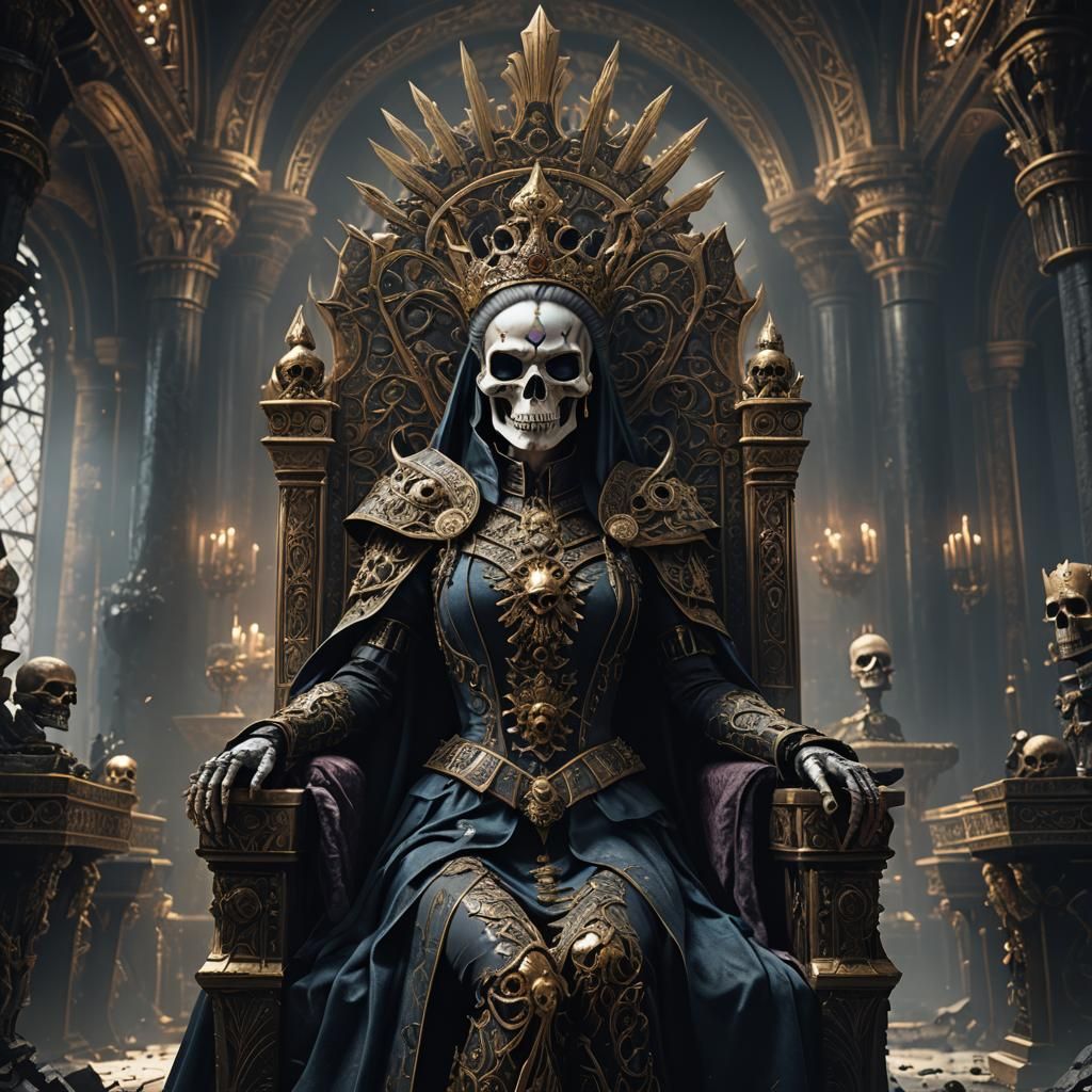 Sinister Skull Queen in Throne Room Art
