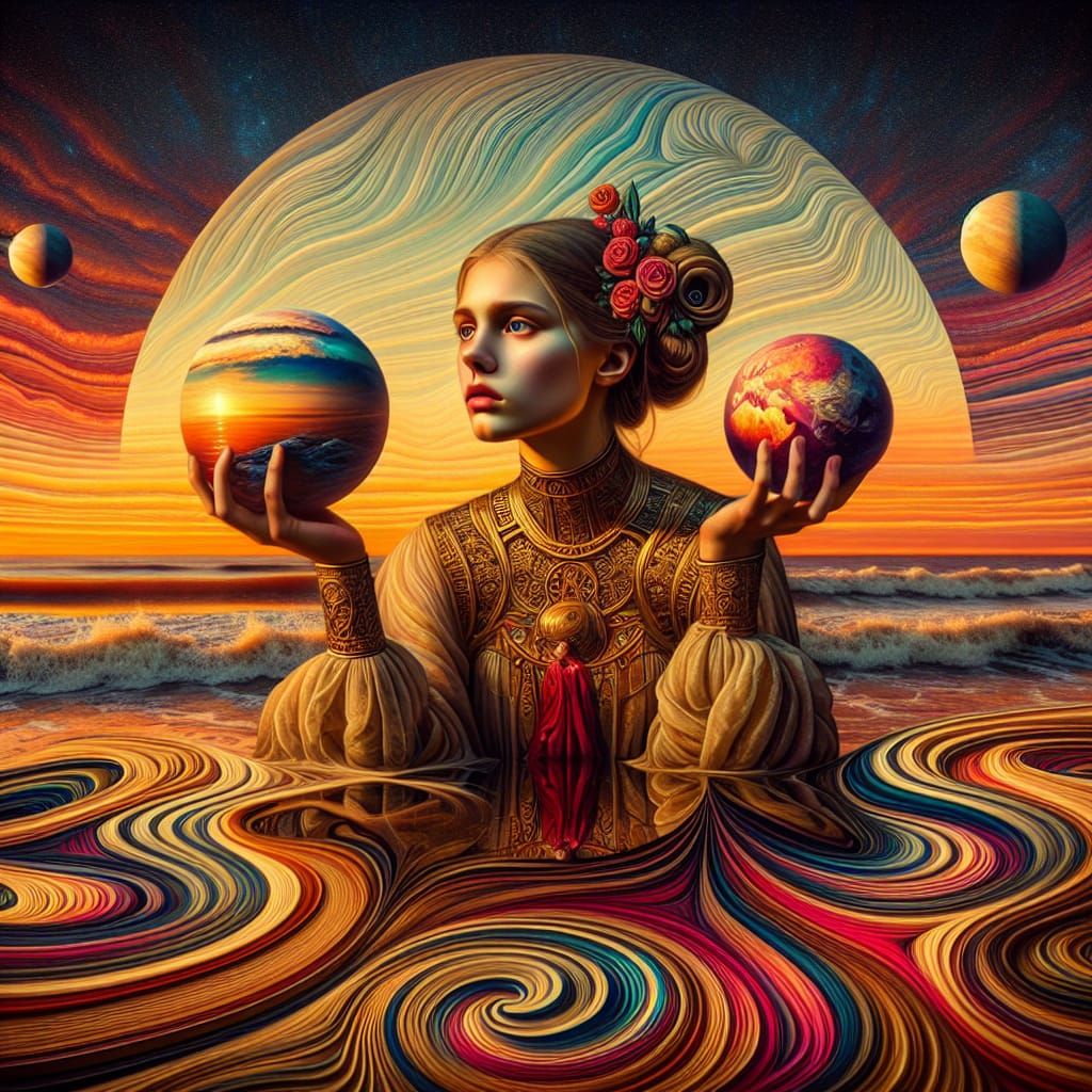 Surreal Model Girl Holding Planets