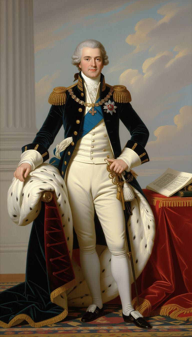 Portrait of a regal gentleman King in the style of Elisabeth Louise Vigée Le Brun, full body