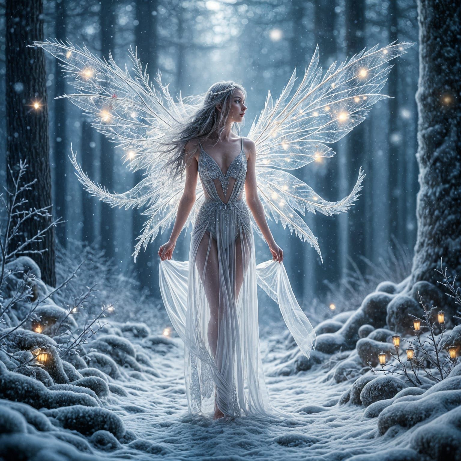 Ethereal Fairy in a Snowy Mystical Forest with Crystalline G...