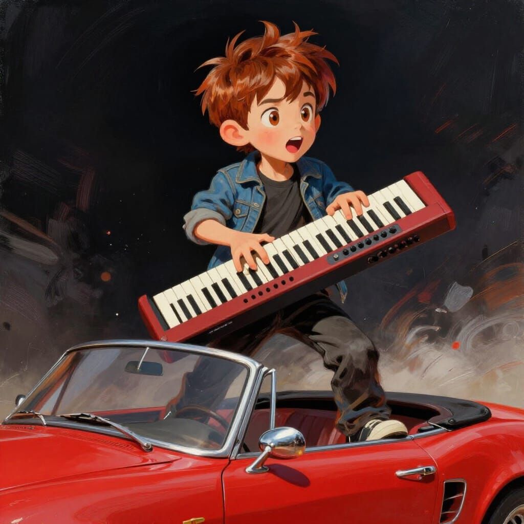 Boy Rocks Out on Keyboard atop Classic Car
