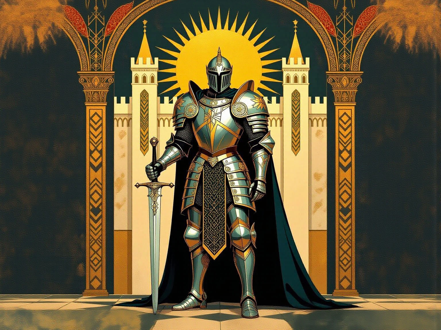 Art Deco Knight in Castle Wall