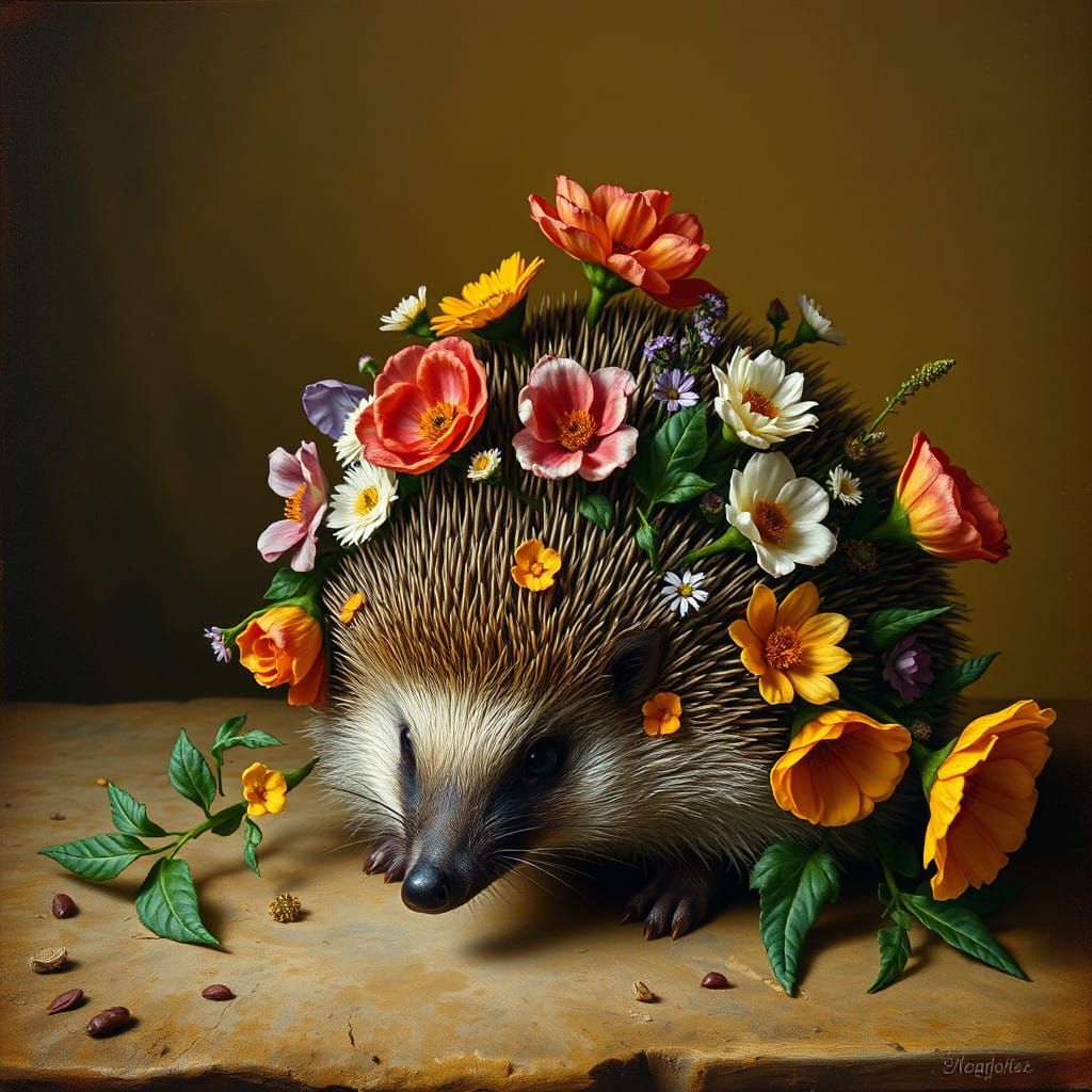 Hedgehog in Lush Floral Crowns, Flemish Style