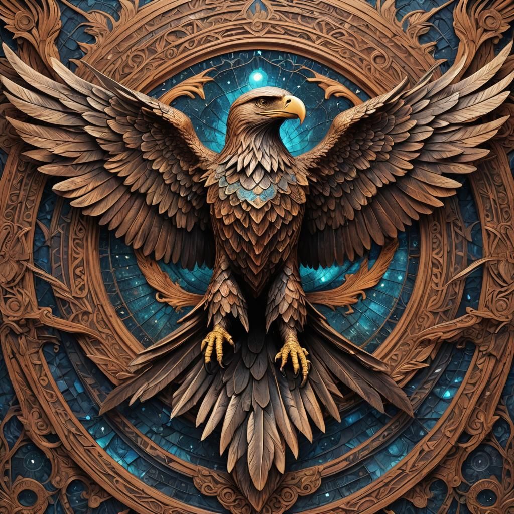 Rosewood Eagle Sculpture in Mixed Media Style