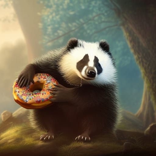 Fluffy Badger Enjoys Donut: Detailed Fantasy Art