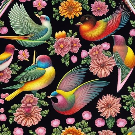 Musical Arabesque with Birds and Flowers in Vivid Colors
