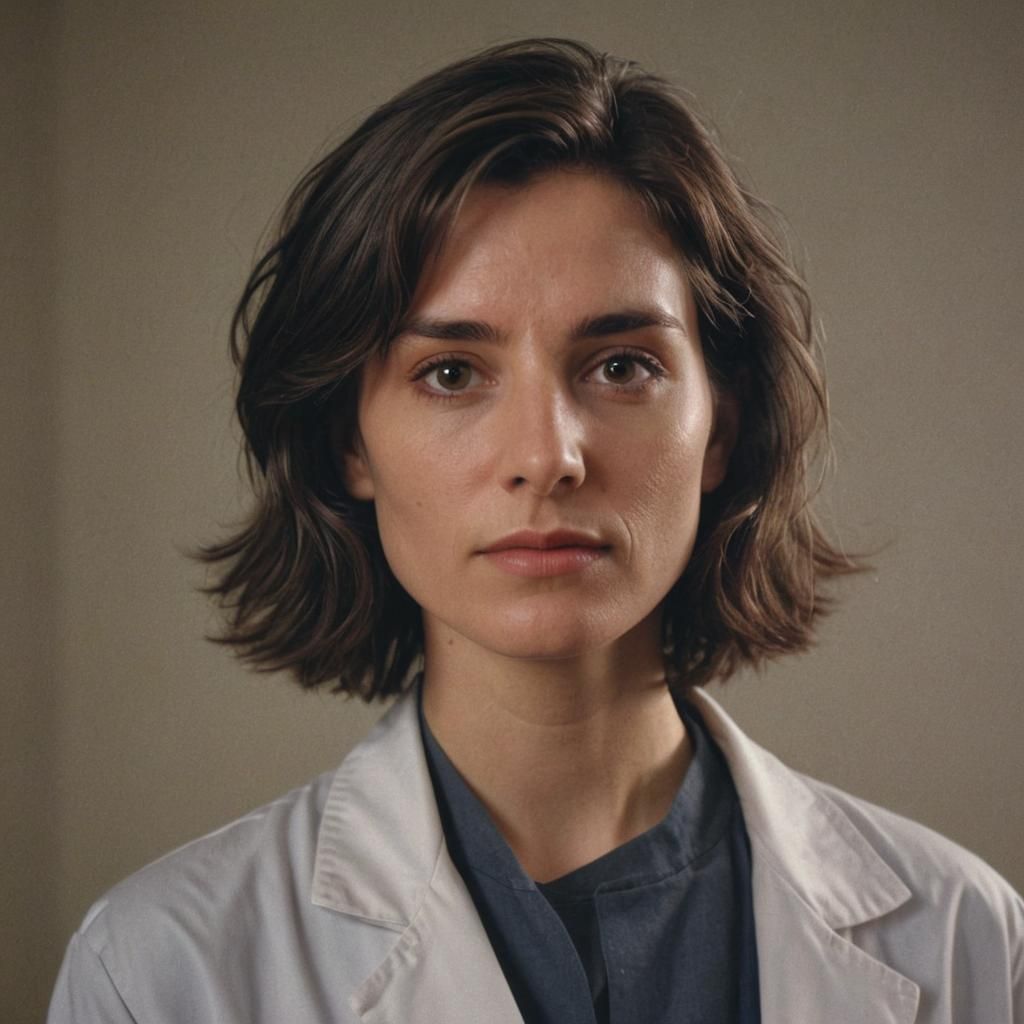 Androgynous Doctor Captured in Cinematic Film Still Style