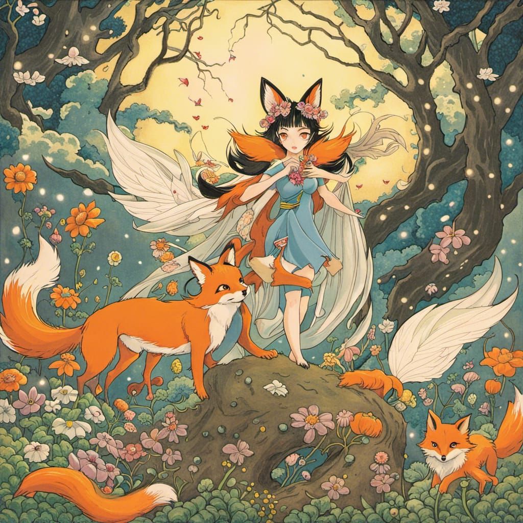 Kitsune Superhero with Flower Fairies in Anime Style