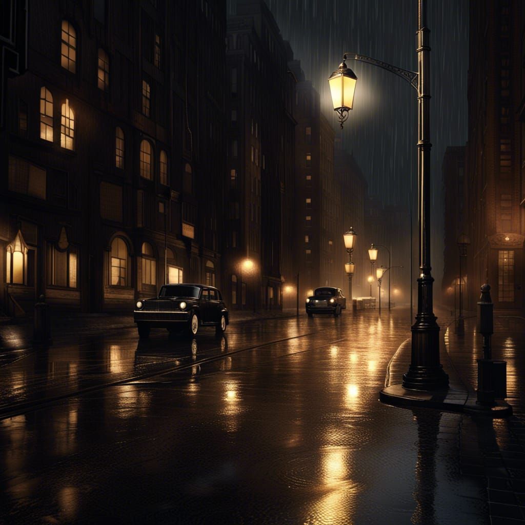 Rainy City Street at Night in Art Deco Style