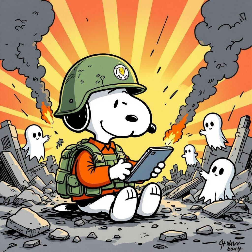 Snoopy the War Journalist in Peanuts Style