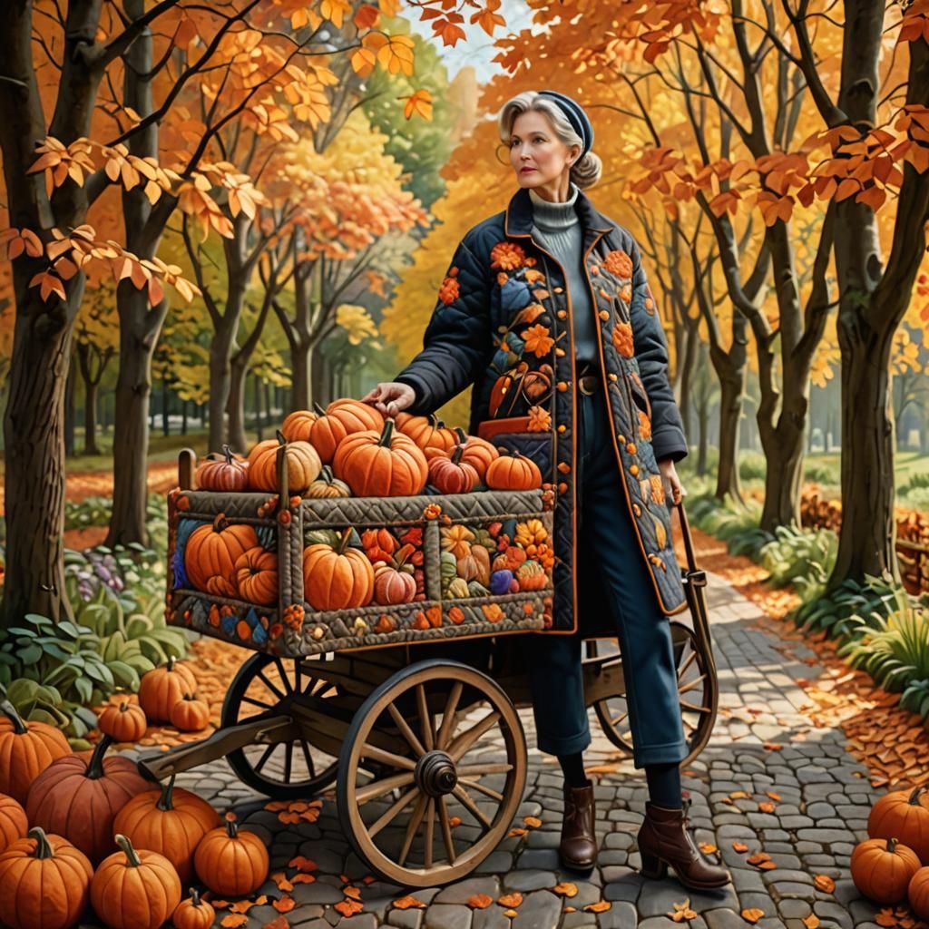 Autumn Quilter with Pumpkin Cart in Forest