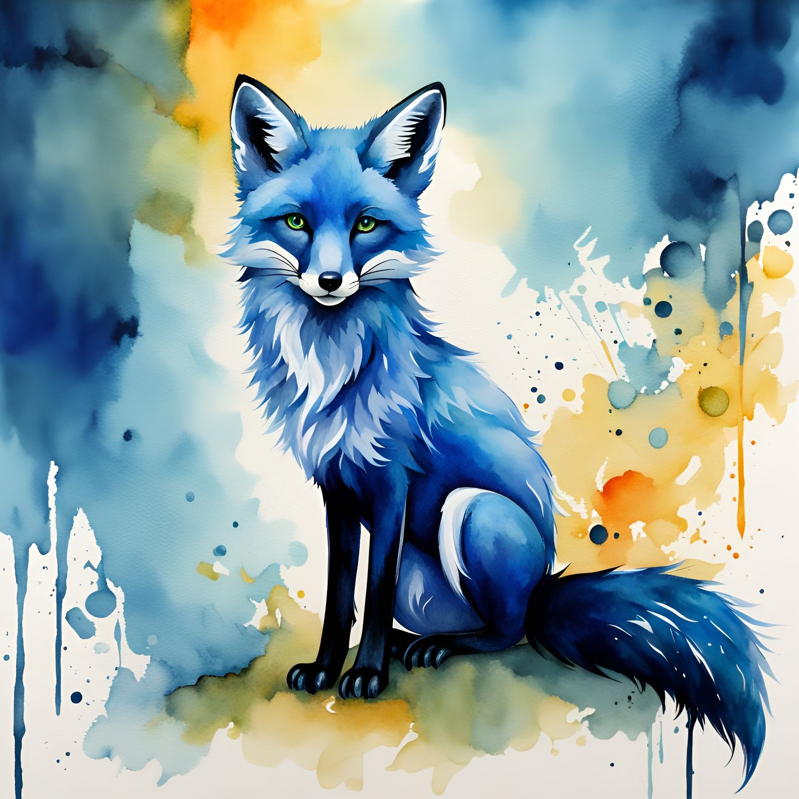 Cute Blue Fox in Watercolor Gothic Art